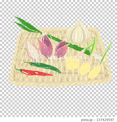 Garlic, chili pepper, myoga ginger and a square bamboo colander set Garlic, chili pepper, myoga ginger and a square bamboo colander set 137429597