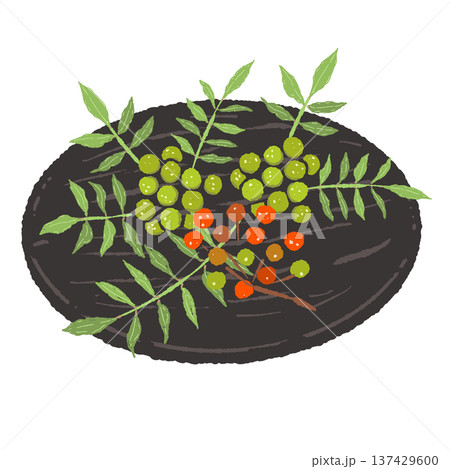 山椒の実と黒い丸皿のセット 137429600