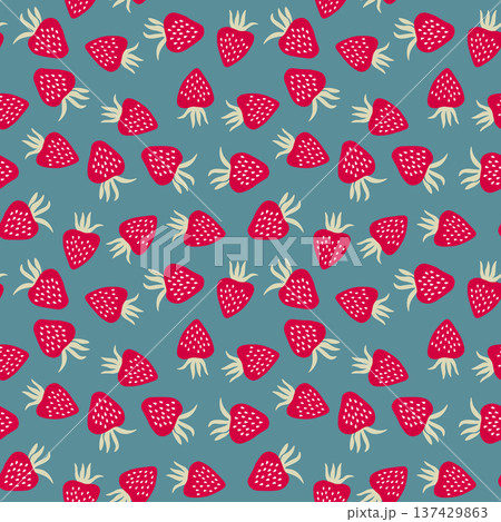 Seamless pattern with strawberry on color background. Natural delicious fresh ripe tasty fruit. Vector illustration for print, fabric, textile, banner, other design. Food concept 137429863