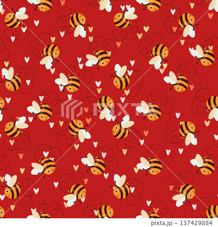 Seamless pattern with bees. Small wasp. Vector illustration. Design for invitation, cards, textile, fabric. Doodle style 137429884