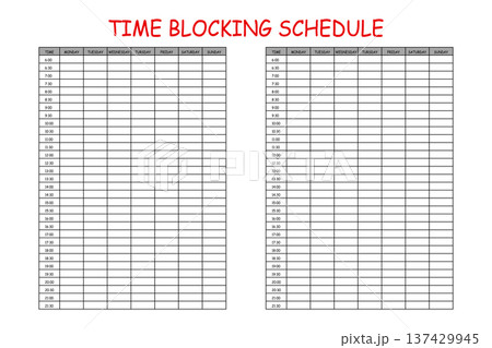 24 Hourly Weekly Schedule - Monday Start. Mockup for daily scheduling and time management. 30-minute increment hourly planner templates. Time Planner 137429945