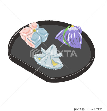 黒皿に盛られた練り切りの盛り合わせ 137429946