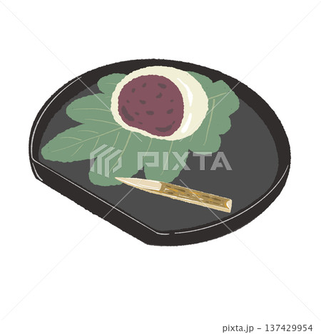 黒皿に乗った柏餅（あんこ）と菓子切りのイラスト 137429954