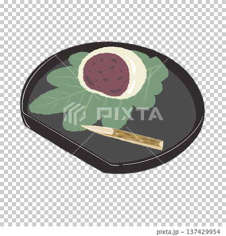 黒皿に乗った柏餅（あんこ）と菓子切りのイラスト 137429954