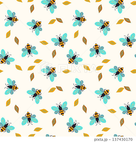 Seamless pattern with bees. Small wasp. Vector illustration. Design for invitation, cards, textile, fabric. Doodle style 137430170
