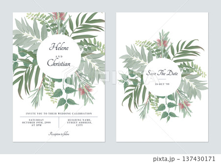 Foliage wedding invitation card template design, various green leaves on white 137430171