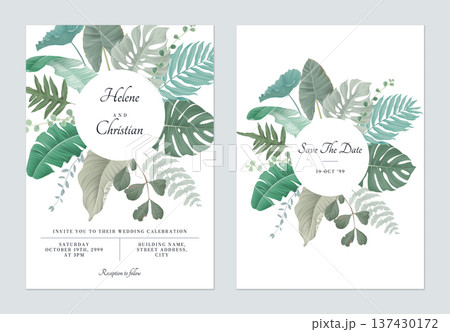 Foliage wedding invitation card template design, various tropical leaves on white Foliage wedding invitation card template design, various tropical leaves on white 137430172