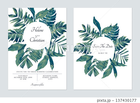 Foliage wedding invitation card template design, various hand drawn tropical green leaves on white Foliage wedding invitation card template design, various hand drawn tropical green leaves on white 137430177