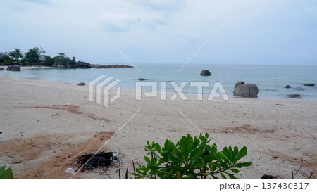 Quiet Ocean Horizon with Granite Formations and Greenery Quiet Ocean Horizon with Granite Formations and Greenery 137430317