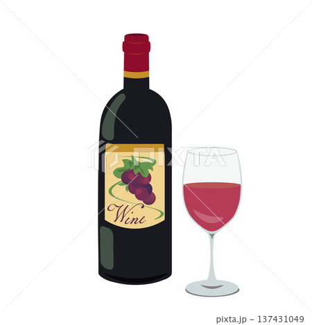 ワインボトルと赤ワインが入ったグラスのイラスト 137431049
