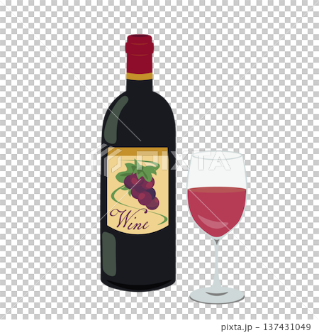 ワインボトルと赤ワインが入ったグラスのイラスト 137431049