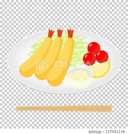 盤子裡擺放著炸蝦和蔬菜的插圖 137431116