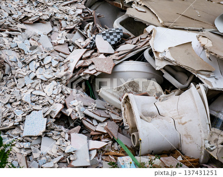 Pile of Construction Debris with Gypsum Board Bricks and Renovation Waste 137431251
