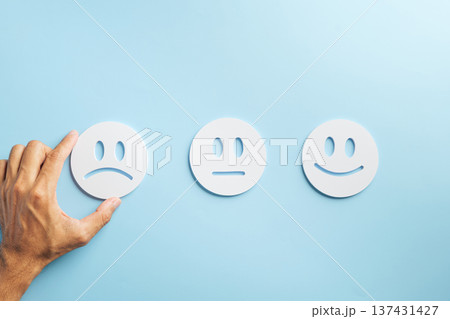 Bad customer negative feedback survey with hand selecting unhappy emoji icon, symbolizing poor service experience, business complaint, and low satisfaction rating for improvement Bad customer negative feedback survey with hand selecting unhappy emoji icon, symbolizing poor service experience, business complaint, and low satisfaction rating for improvement 137431427