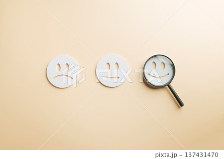 customer satisfaction magnifying glass concept highlights happy face for business quality service, carefully observing positive feedback and finding excellent review experience for consumer trust customer satisfaction magnifying glass concept highlights happy face for business quality service, carefully observing positive feedback and finding excellent review experience for consumer trust 137431470