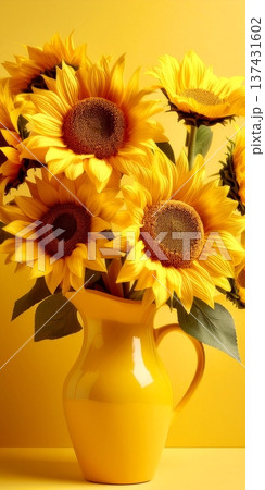 黄色い花瓶にたくさんのヒマワリ 137431602