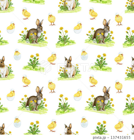 Easter mood cute bunnies, chicks with spring flowers seamless pattern. Hand drawn vintage style cozy springtime watercolor illustration. Easter bunnies, chicks, spring flowers on white background 137431655