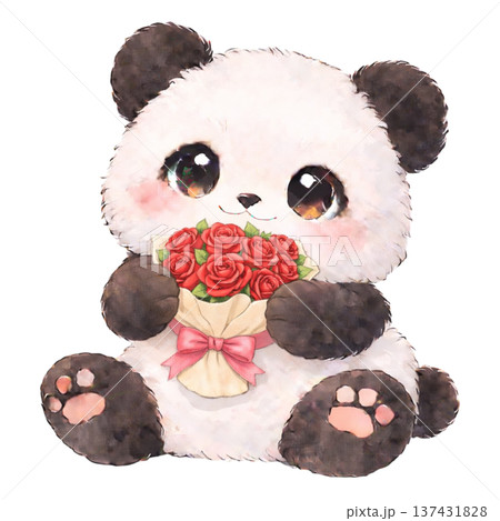 薔薇の花束を持ったパンダのイラスト 137431828