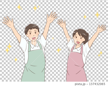 Men and women in refreshing aprons smiling and raising their arms Men and women in refreshing aprons smiling and raising their arms 137432065