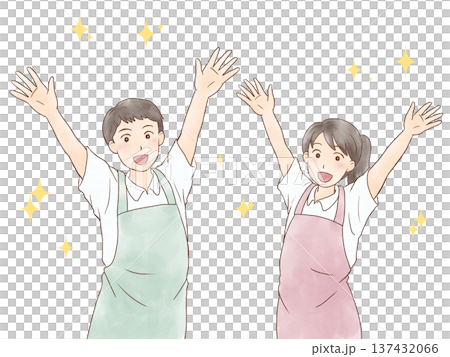 Men and women in refreshing aprons smiling and raising their arms 137432066