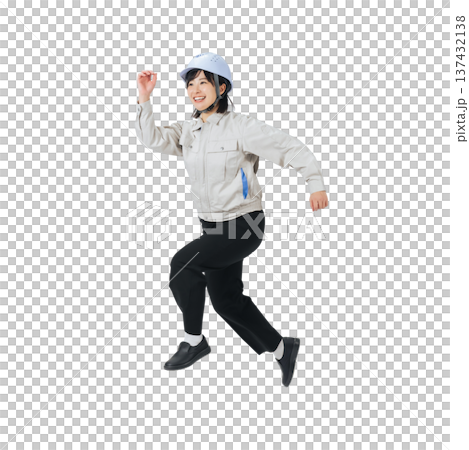 Woman in work clothes jumping - Full-body photo PNG with transparent background, precisely cut out by hand Woman in work clothes jumping - Full-body photo PNG with transparent background, precisely cut out by hand 137432138