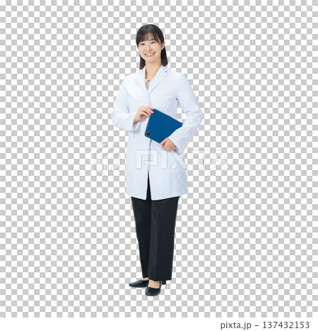 Woman in a white coat holding a file - Full-body photo PNG with transparent background, precisely cut out by hand Woman in a white coat holding a file - Full-body photo PNG with transparent background, precisely cut out by hand 137432153