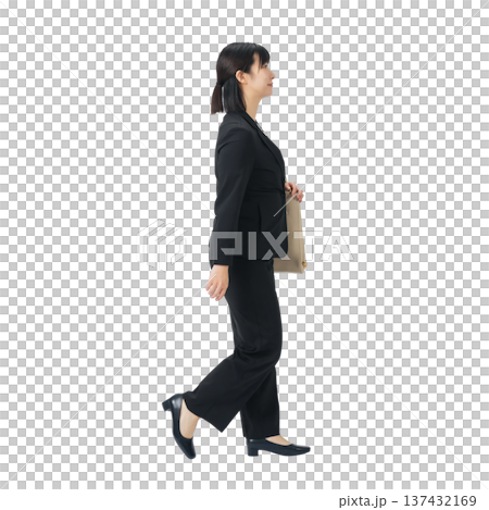 A walking female business person in a suit. A full-body photo PNG with a transparent background, precisely cut out by hand. A walking female business person in a suit. A full-body photo PNG with a transparent background, precisely cut out by hand. 137432169