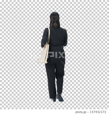 Back view of a walking female business person in a suit. Full-body photo PNG with transparent background, precisely cut out by hand. Back view of a walking female business person in a suit. Full-body photo PNG with transparent background, precisely cut out by hand. 137432172