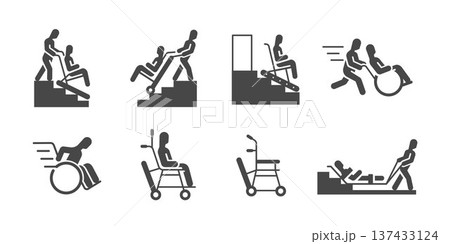 Evacuation solid icon set. It includes evacuation chair, emergency, escape, disability, and more icons. Evacuation solid icon set. It includes evacuation chair, emergency, escape, disability, and more icons. 137433124