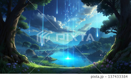 ゲーム背景　星の流れるヒーリングの泉 137433384