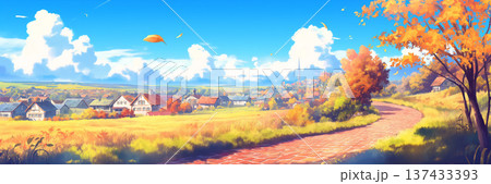 街へと続く秋の煉瓦の道の風景、アニメ風 137433393