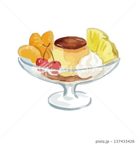 水彩風のプリンアラモードのイラスト 137433426