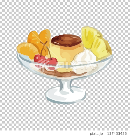 水彩風のプリンアラモードのイラスト 137433426