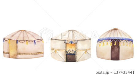 Watercolor nomadic yurts set traditional steppe dwellings isolated 137433441