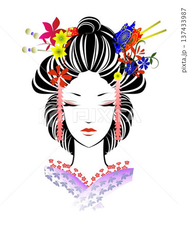 女性の顔、日本髪、着物 137433987