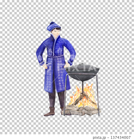 Watercolor nomadic man cooking over fire with cauldron Watercolor nomadic man cooking over fire with cauldron 137434007