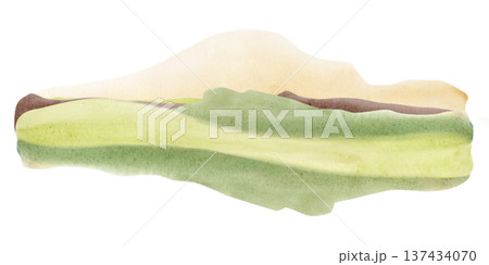 Watercolor steppe landscape with rolling hills and grassy plains 137434070
