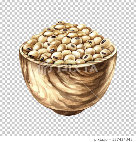 Soybeans in a wooden bowl. Hand-drawn watercolor illustration. Isolate. Perfect for creating product labels, posters, banners, menus, and more. 137434343