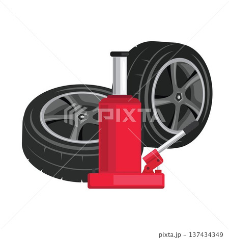 a pair of car wheels and a red jack vector illustration element design. 137434349