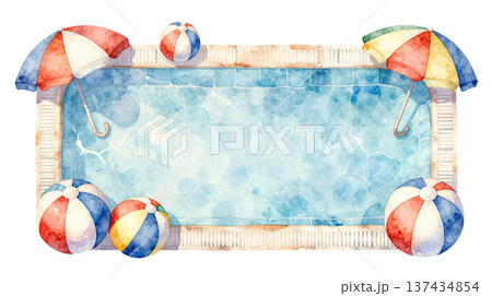 パラソルとビーチボールとプールの水彩イラスト 137434854