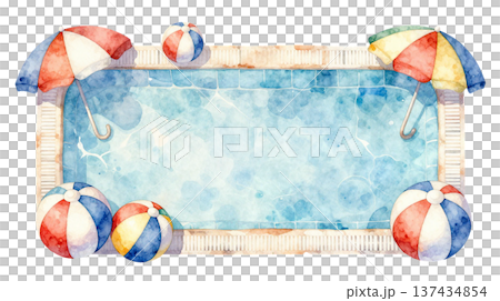 水彩插畫，描繪了一個有遮陽傘和沙灘球的游泳池。 137434854