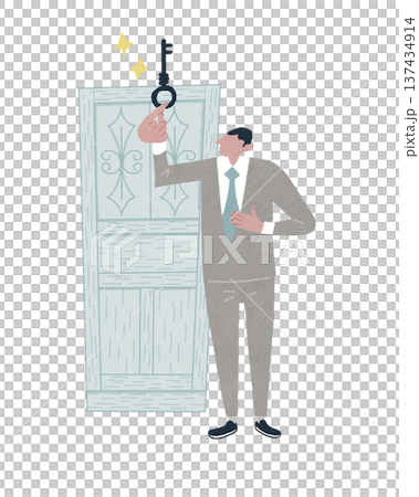 扉の前で大きな鍵を持つビジネスマン 137434914