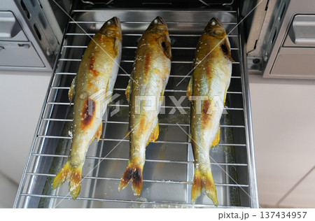 魚焼きグリルで焼かれたアユの塩焼き 魚焼きグリルで焼かれたアユの塩焼き 137434957