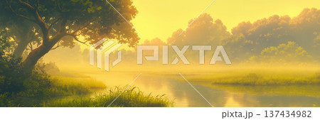 黄昏の川の風景、アニメ風 137434982