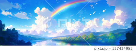 虹がでている川の風景、アニメ風 137434983