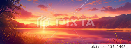 真っ赤な夕焼けの川の風景、アニメ風 137434984