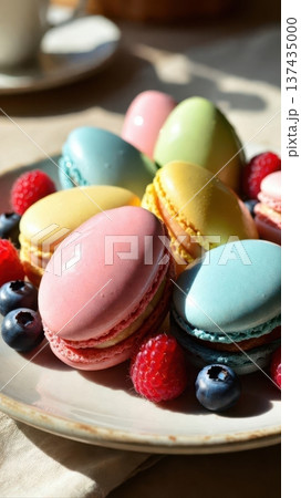 Pastel Macarons With Fresh Berries on Plate Pastel Macarons With Fresh Berries on Plate 137435000