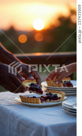 Serving Berry Tart Slices at Sunset Outdoor Table 137435009
