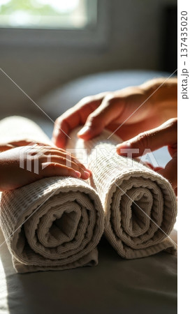 Adult and Child Rolling Towels at Home 137435020