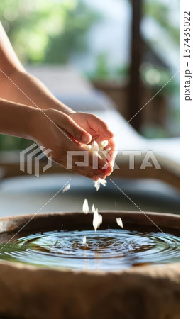 Hands Dropping White Flower Petals Into Water Bowl 137435022